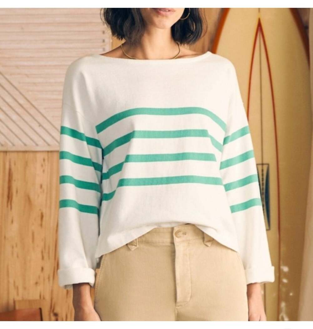 Faherty Sport Jersey Long Sleeve Tee Womens Sz XL Green Cape May Stripe Cotton